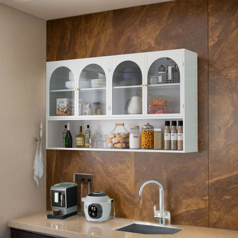 120CM 4-türiger Glas Wandschrank - Küche Wohnzimmer Badezimmer Aufbewahrung